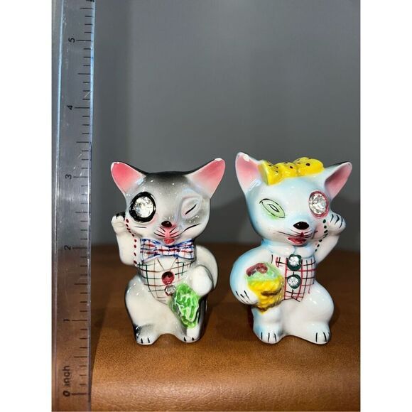 LEFTON Salt Pepper Shaker Set Jeweled Cats-Vintage Japan MCM Ceramic Matching - Picture 9 of 9